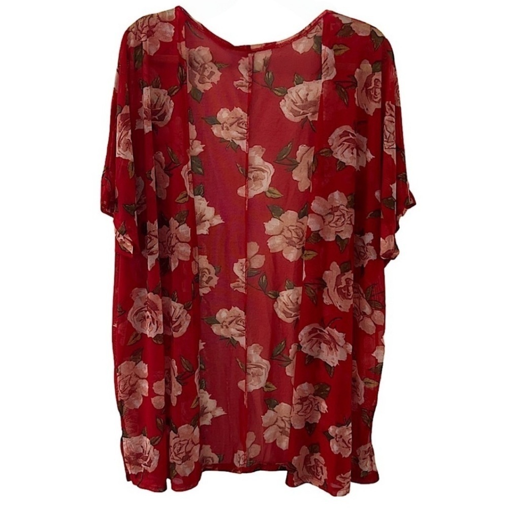 Red Floral Sheer Short Sleeve Cover Up
